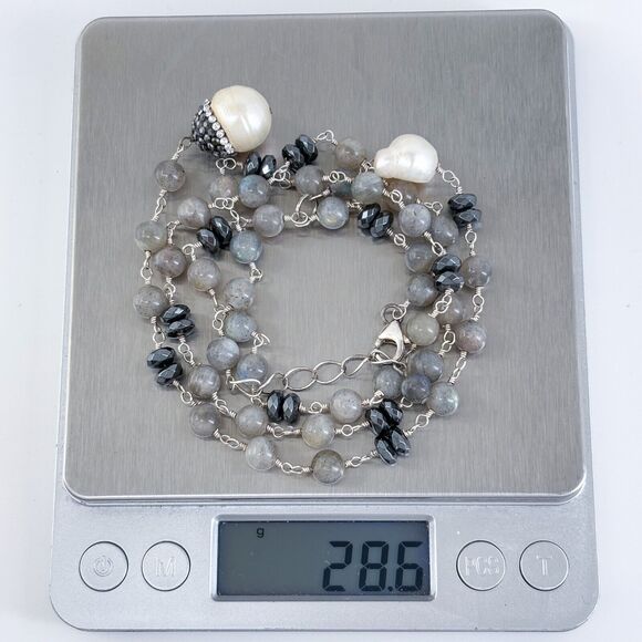 Vintage Sterling Silver 925 Labradorite, Hematite, Pearl Drop Necklace 20.5" - Picture 4 of 5